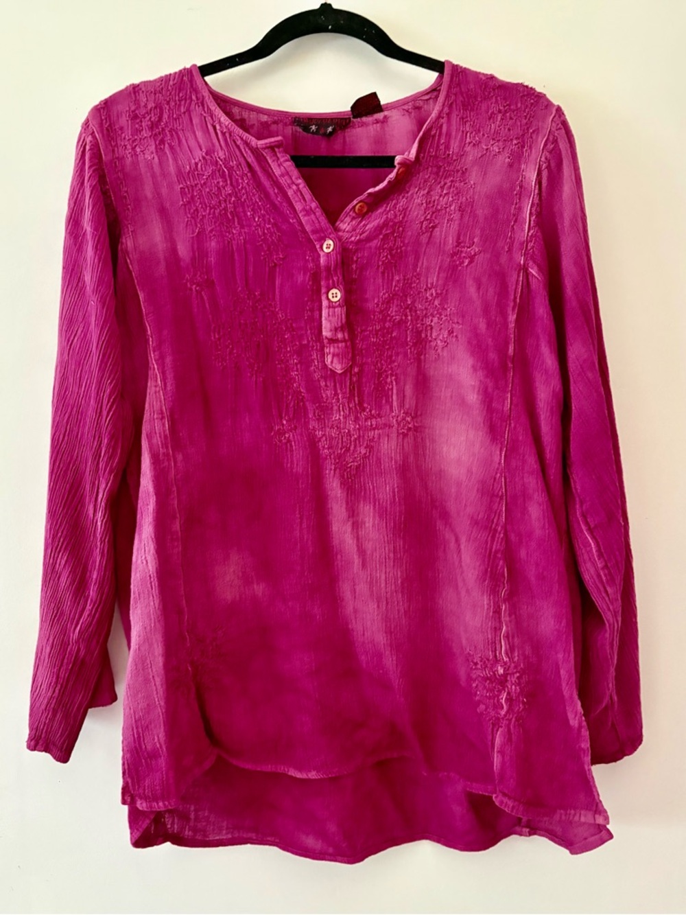 Vintage India Cotton gauze Vibrant Fuchsia tiedye Button-Front embroidered Tunic